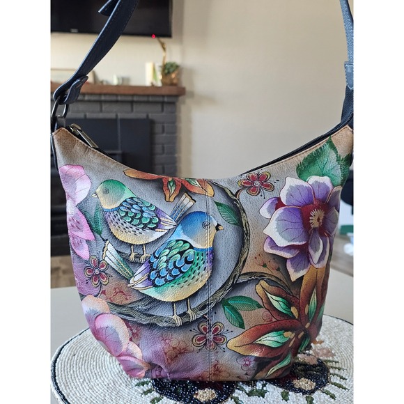 Anuschka Handbags - Anuschka Hand Painted Leather Hobo Bag Birds and Flowers Shoulder Purse Multi